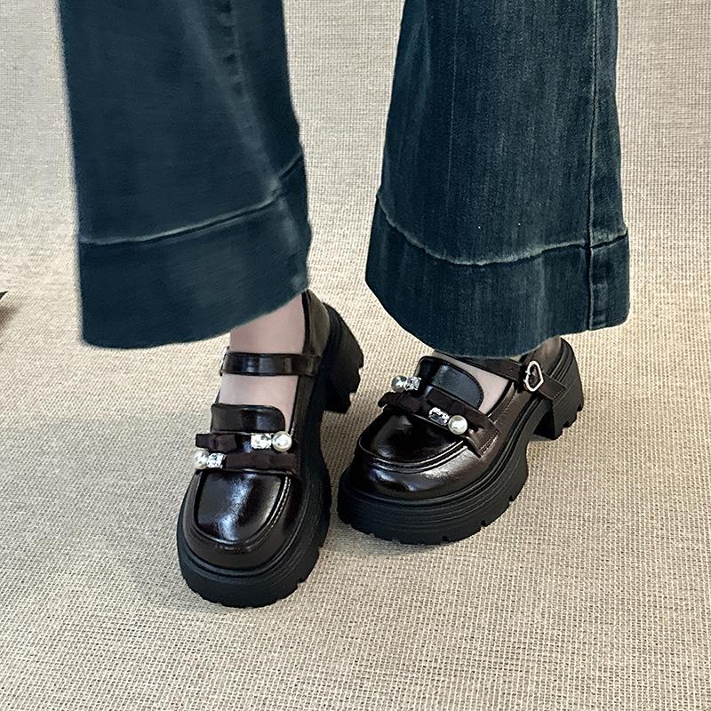 British style bow pearl Mary Jane shoes women's autumn fashion retro platform heightening thick heel high heel single shoes tide