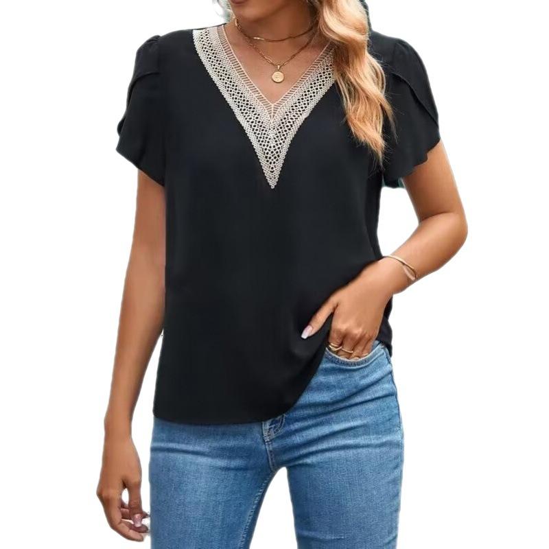 Tricou de vară pentru damă din dantelă aurie cu decolteu în V cu mâneci petale de culoare uni Tricou Topuri