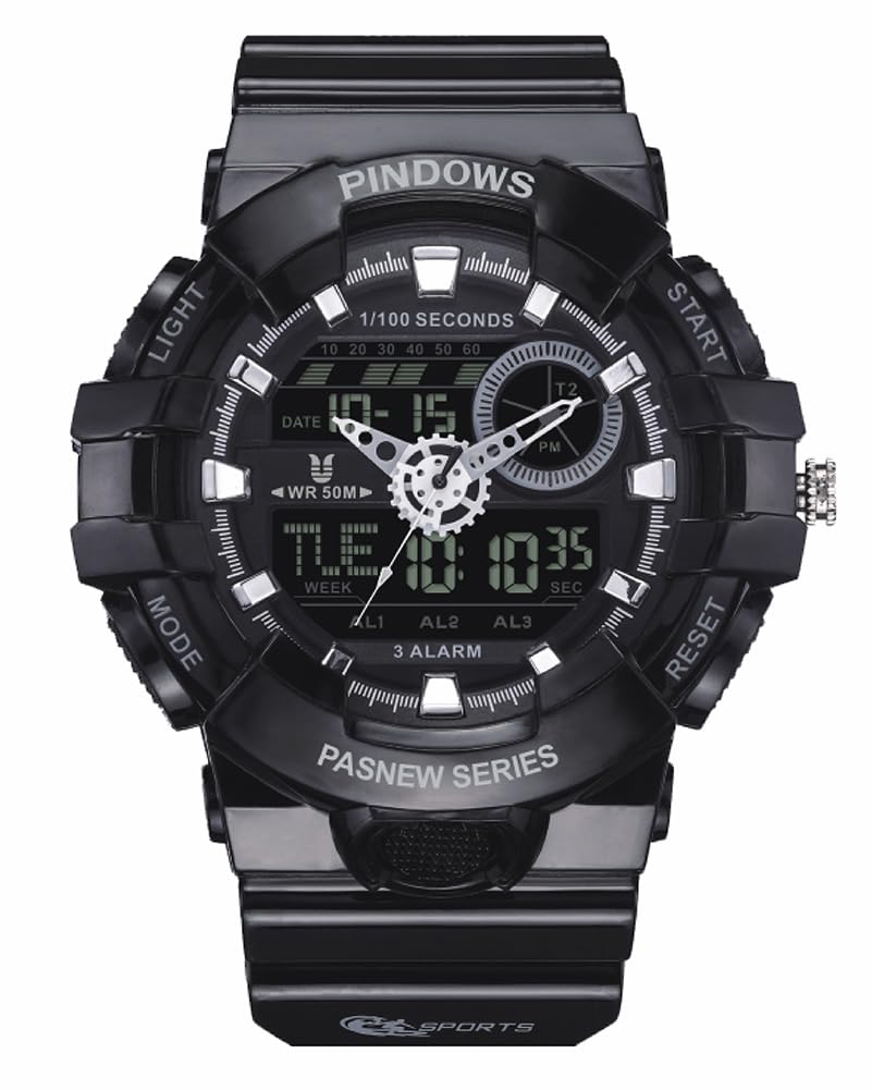 PINDOWS Military Outdoor Sports Electronic Watch with Date LED Alarm and 50m Water Resistant Display Men's Watch, Function, Stopwatch, Analog-Digital
