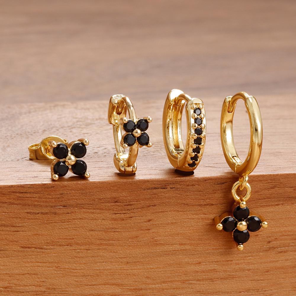 4PCS Black Zircon Flower Hoop Earring For Women Simple Stainless Steel Huggies Earring Trend Wedding Jewelry pendientes mujer