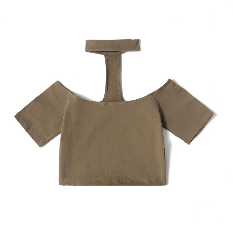 

2023 Summer Women clothes Simple Solid Sexy Neck Collar off-Shoulder Short sleeve Slim fit Stretch Short Navel T-shirt Army Green M