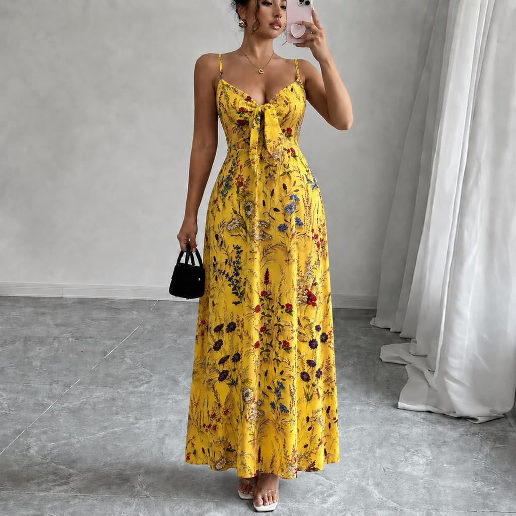 Women's Colorful Floral Print V-Neck Spaghetti Strap Dress