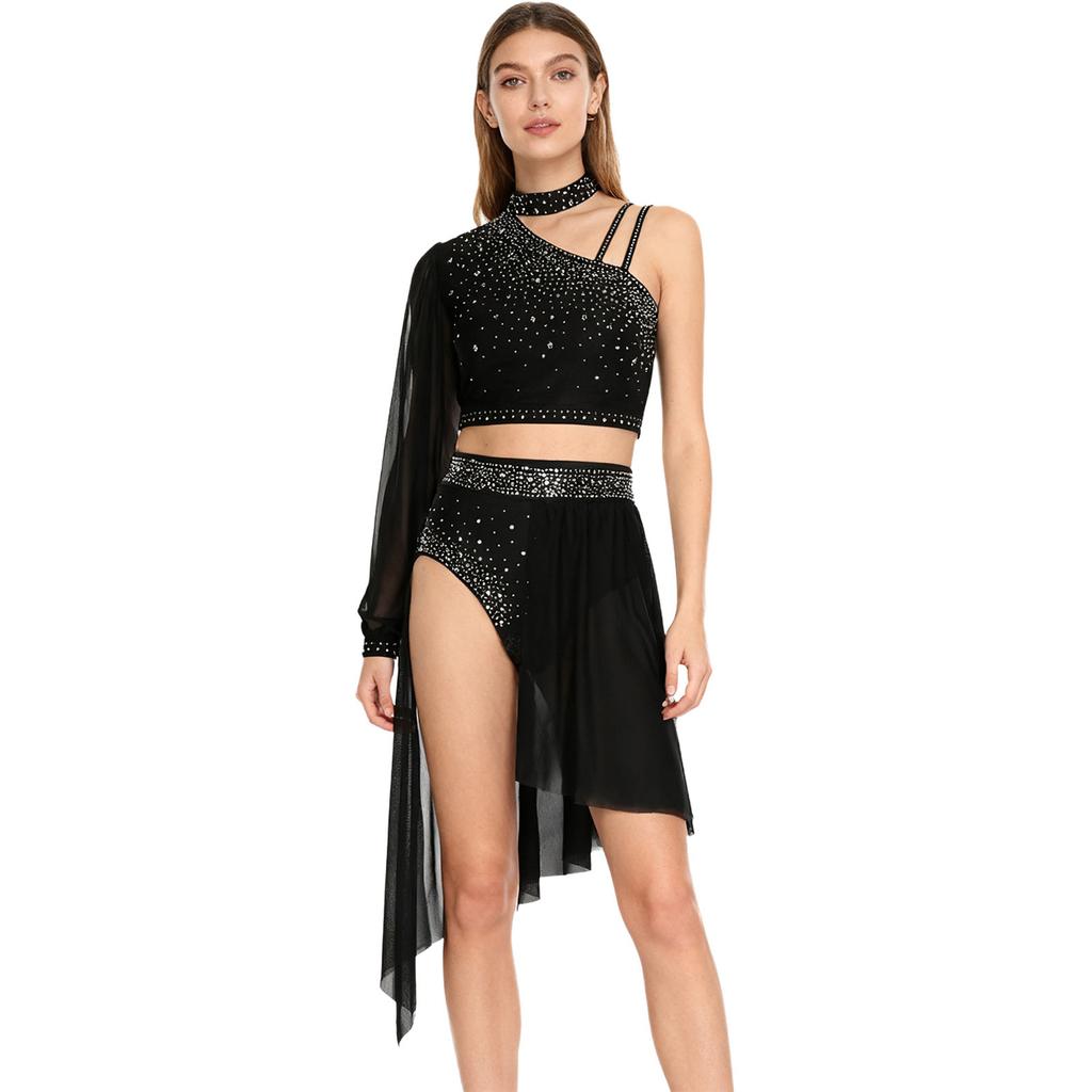 Dames Lyrische Dans Outfit Glanzend Strass Asymmetrische Crop Top Hoge Taille Slipje Korte Broek Chiffon Rok Kostuum