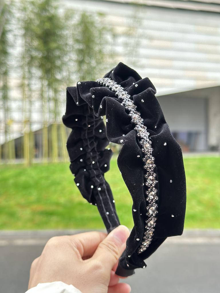 Black Diamond Pleated Gold Velvet Headband, High-End Aristocratic Elegant Rhinestone Headband, Popular Hair Accessories for Women