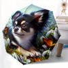 1pc Automatic Open/Close Umbrella with Cute Chihuahua Dog & Butterfly Floral Design - Compact Folding Umbrella, Sturdy Iron Fr