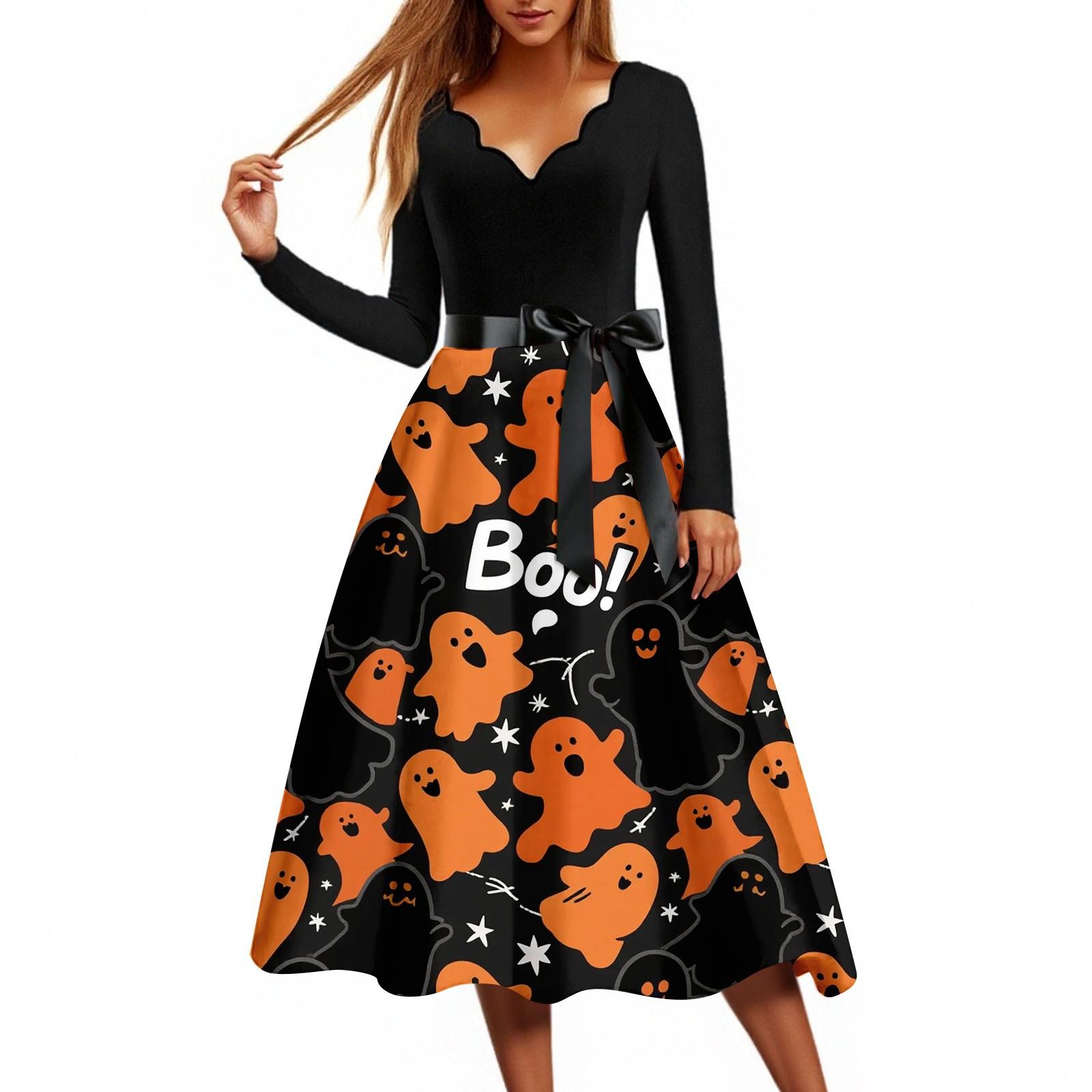 

Women s Casual Fashion Halloween Print Wave V Neck Vintage Dress XXXL шафрановий
