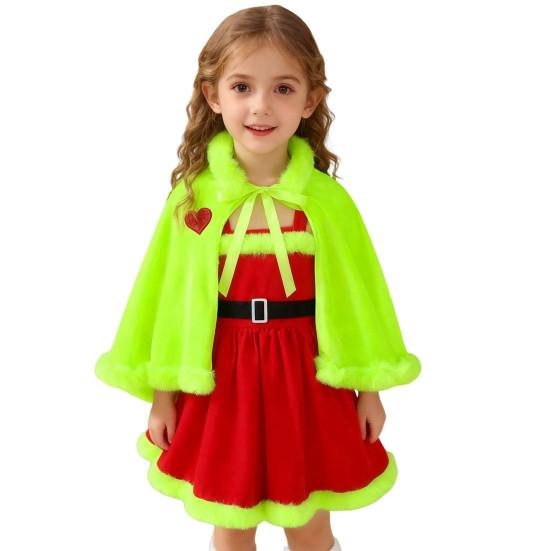 Girls Christmas Cape Dress with Fur Trim Red Holiday Performance Costume for Toddlers 1-6 Years Fancy Party Dress Accessory