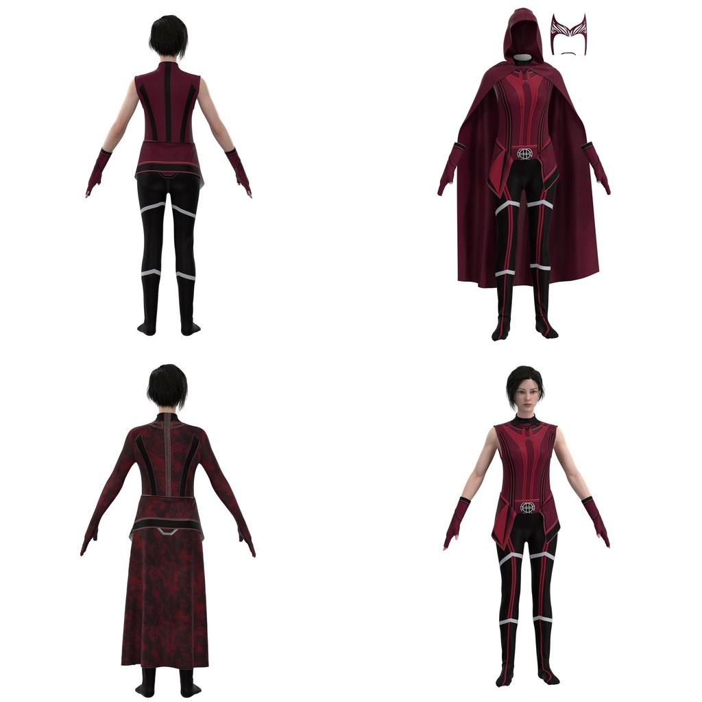 Nádherný kostým pro hraní role Scarlet Witch pro dospělé a děti, včetně overalu, pokrývky hlavy a pláště