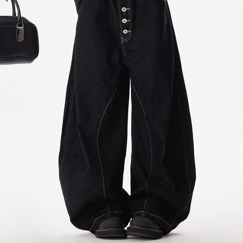 Unisex American Retro Slimming Washed Denim Straight-Leg Jeans with Row Button Design