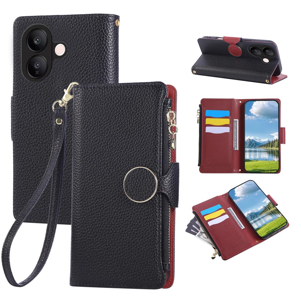 For vivo V60 Lite 5G Case Zipper Wallet Leather Phone Cover with Wrist Strap