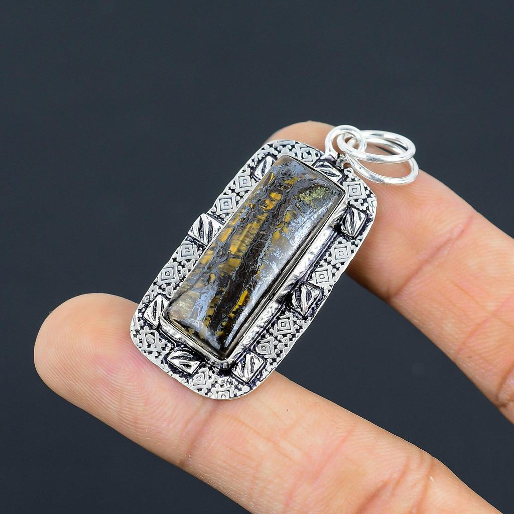 Daughters Day Sale Rectangle Natural Iron Tiger Eye Pendant Jewelry 925 Silver
