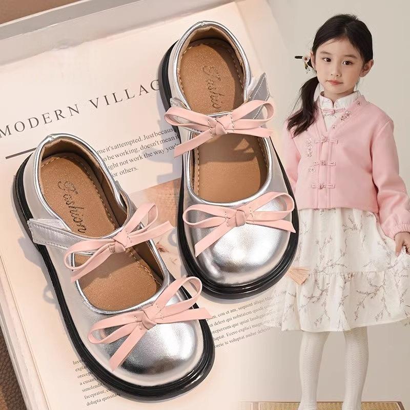 Girls bow princess leather shoes 2025 spring and autumn lolita children shallow mouth single shoes middle and older children and students perfo