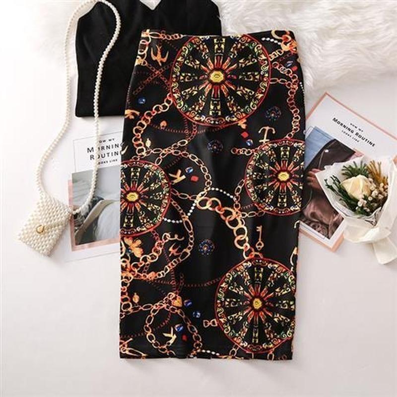 

Елегантна жіноча спідниця-олівець з літнім принтом. Жіноча спідниця до коліна з високою талією L червоний/чорний