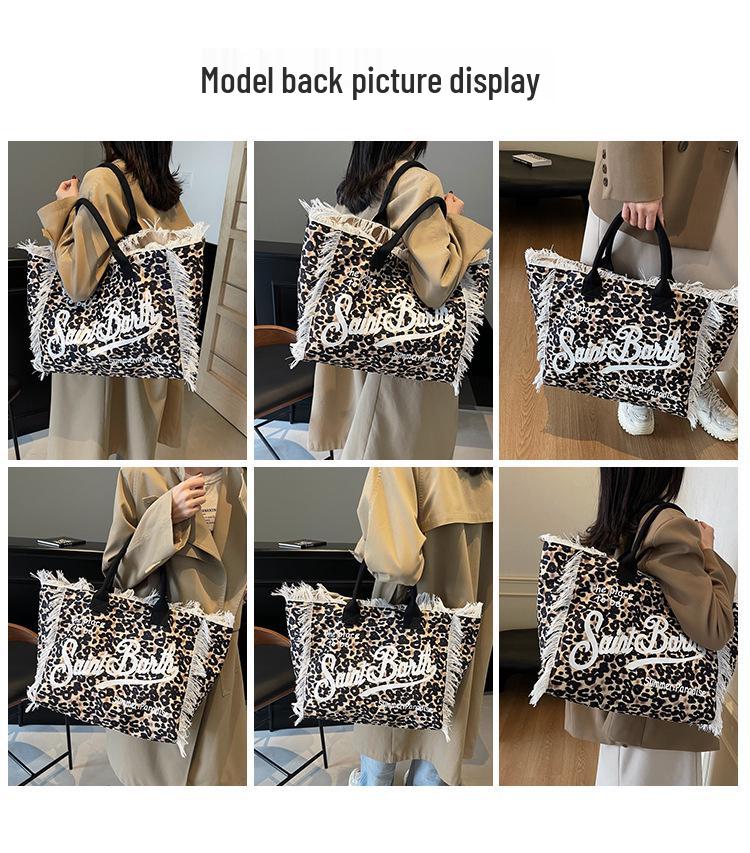 Saint Barth Damen Tragetasche aus Canvas mit Leopardenmuster und Quasten, großes Fassungsvermögen