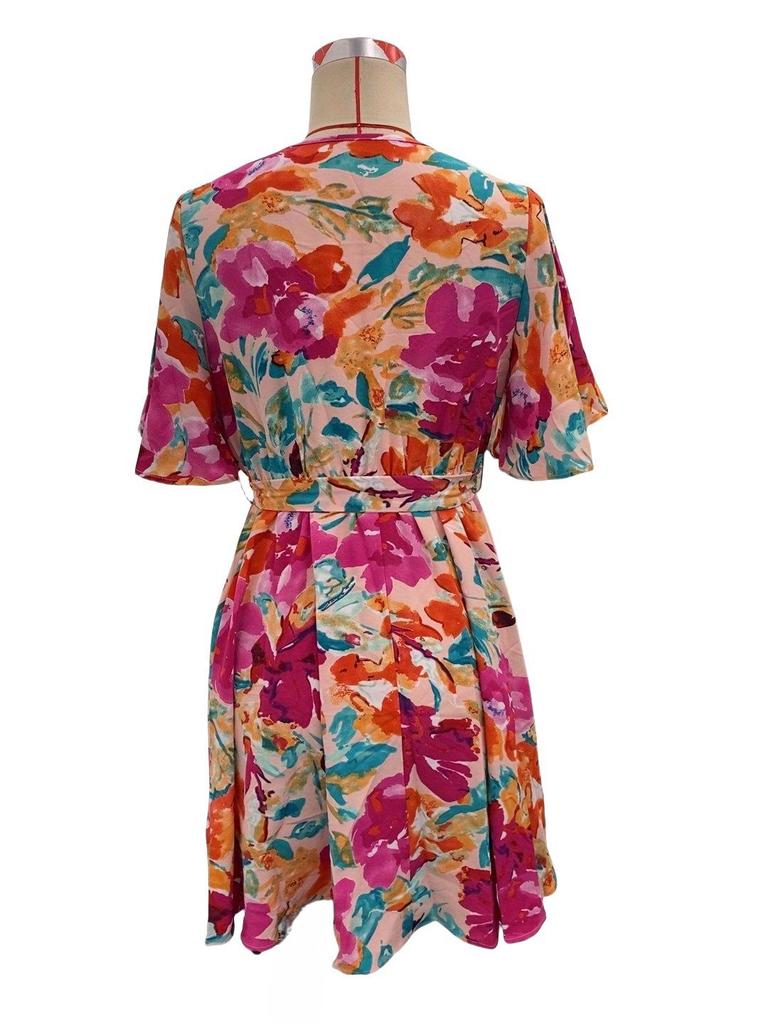 2025 Summer Floral Print Cross-Neck Tie-Waist Dress for Women
