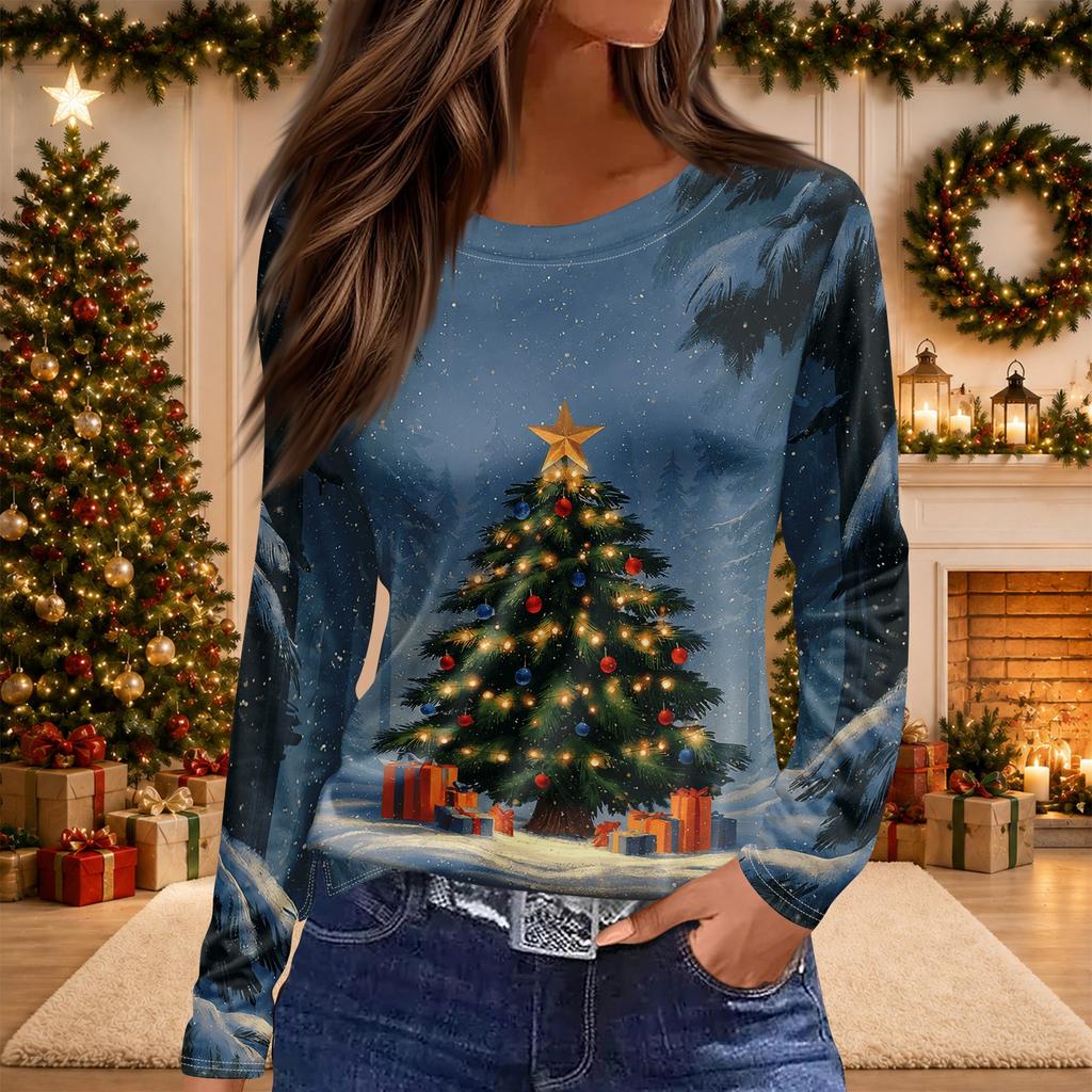 Women's Christmas Print Long Sleeve Top with Round Neck and Side Slit Hem Festive Holiday Blouse