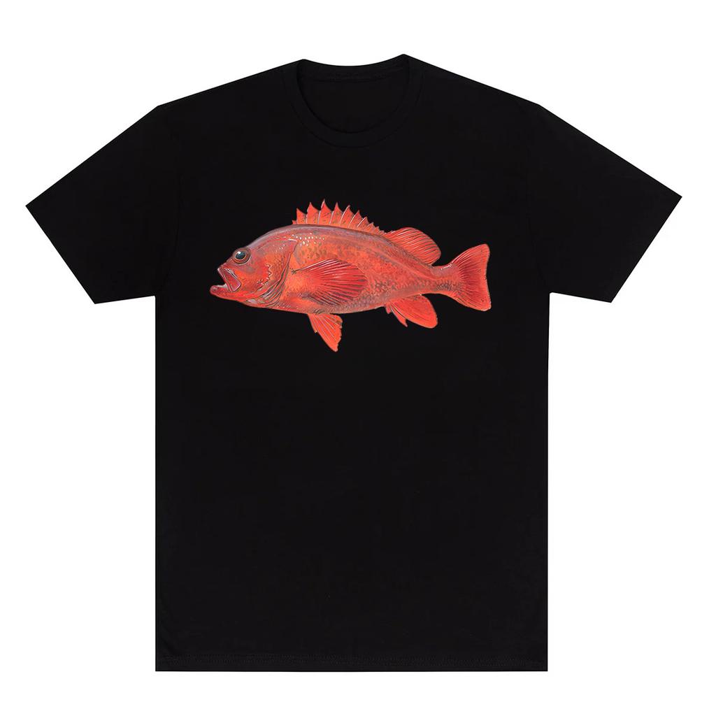 Y2k Summer Marine Fish Handpainted Salmon Sea Fish Fishing Beach Fishing Pure Cotton Printed Loose Shortsleeved Tshirt