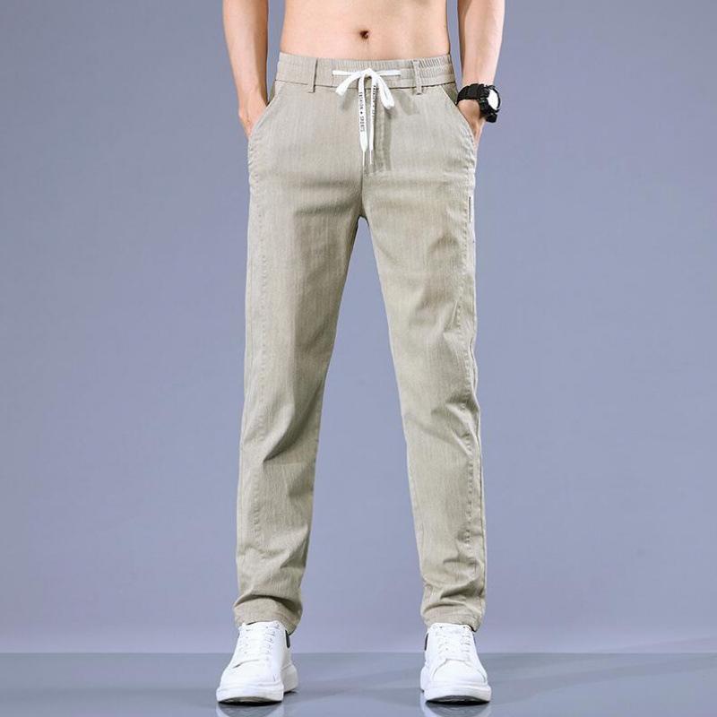 Spring Summer Men's Casual Pants Fashion Thin Elastic Waist Korean Style Business Slim Straight Trousers Blue Gray Green Khaki
