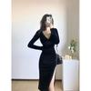 Velvet Dress Women's Autumn and Winter New High-end Muse Fan V-neck Sexy Split-ended Medium and Long Dress