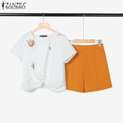 Women Short Sleeve Print Blouse and Shorts Summer Two Piece Suit Sets