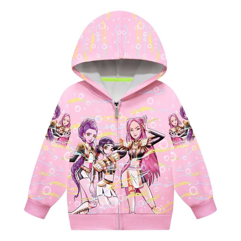Kids Girls POP Singer Rumi Zoey Mira Printed Casual Hooded Zipper Long Sleeves Jacket Coat