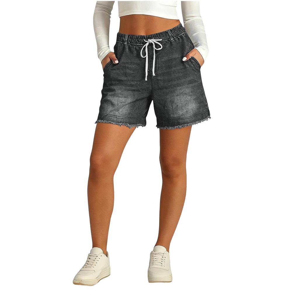 Women’s Drawstring Waist Casual Denim Shorts with Frayed Hem Relaxed Fit and Side Pockets for Everyday Wear
