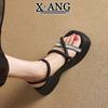 Muffin Thick-soled Heightening Leather Rhinestone Sandals Women's Summer Wear with Skirts Small Open-toed Women's Shoes