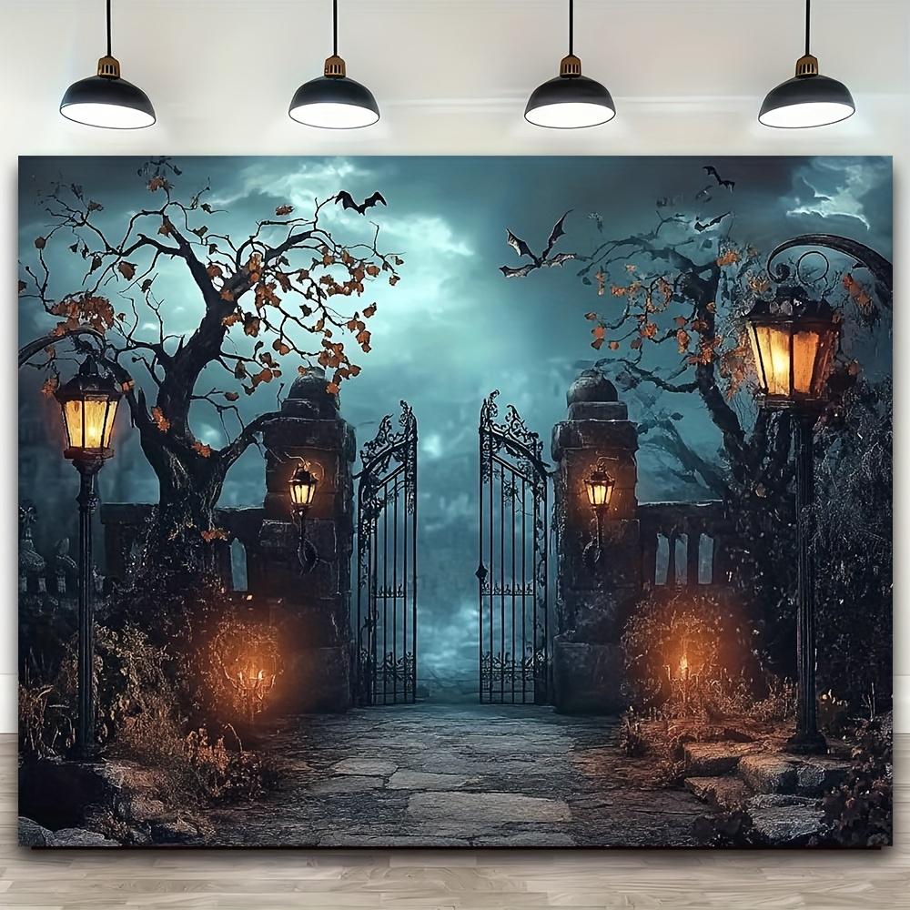 1 terrifying iron gate background - Moonlight sky and illuminated portal  polymer photo background  Halloween decoration