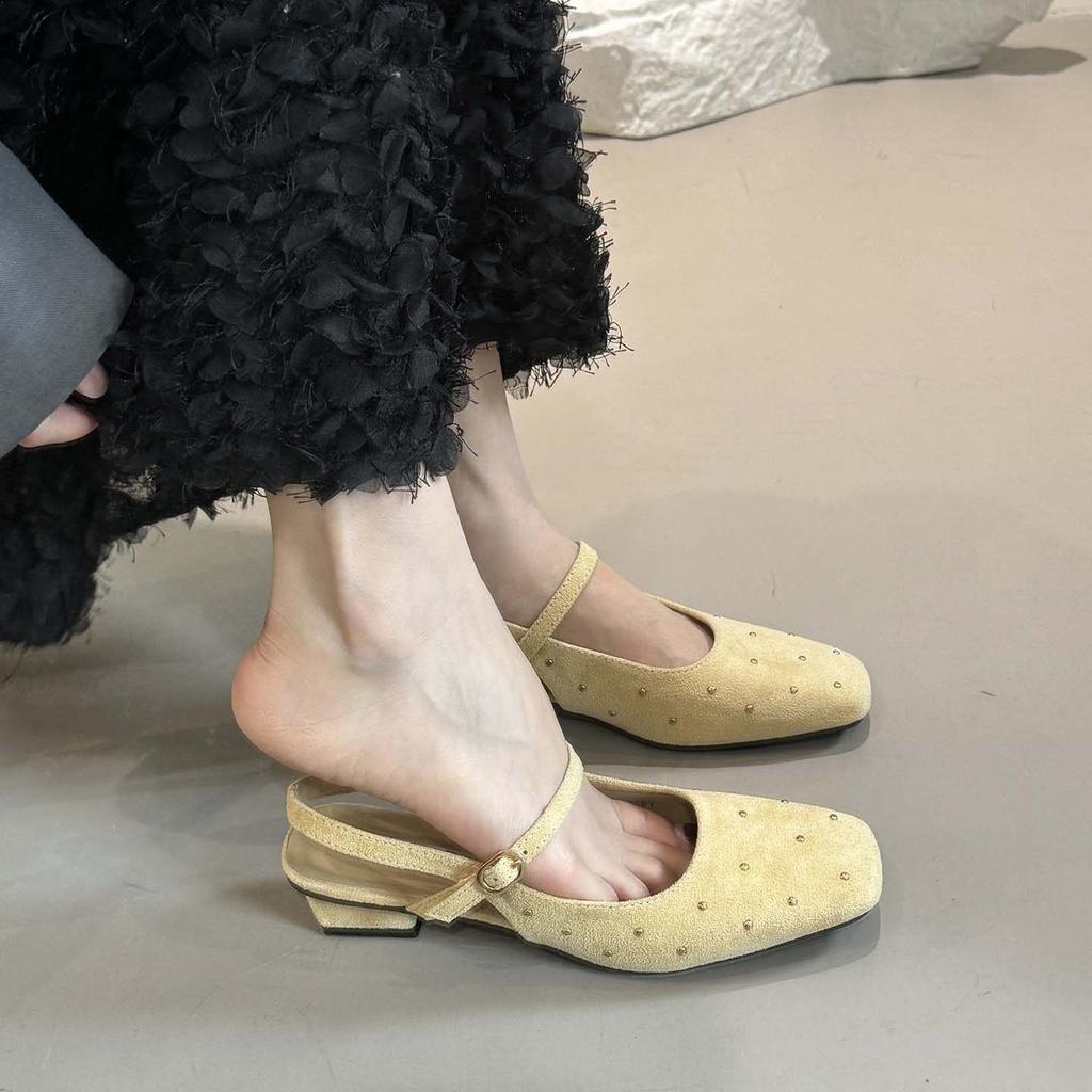 French Square Head Mary Jane Sandals Women'S Shoes Summer Suede Low Heel Thick Heel With Skirt Cool Slippers