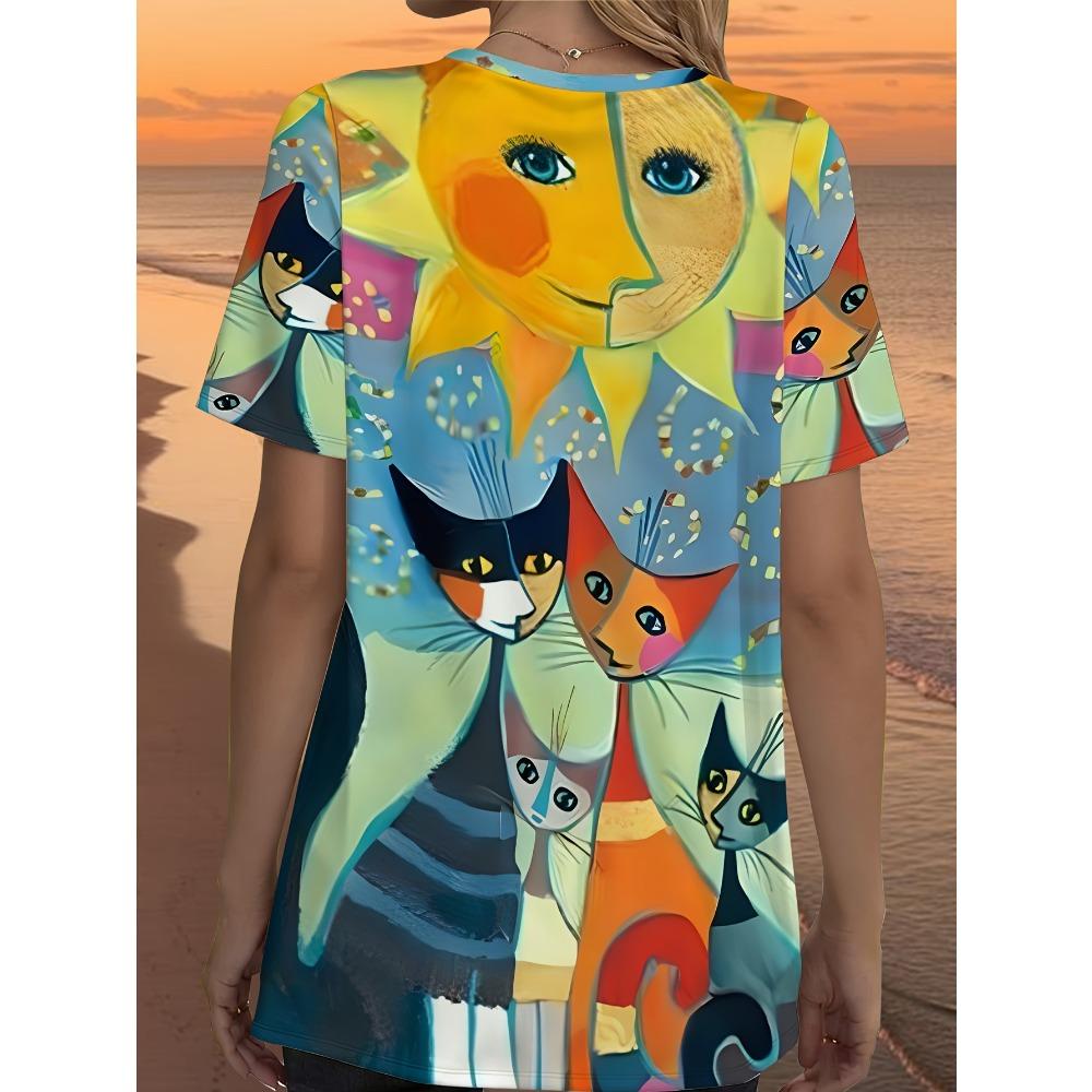 Women's Loose Fit Short Sleeve T-Shirt Printed with Colorful Abstract Cat Design Suitable for Daily Commuting