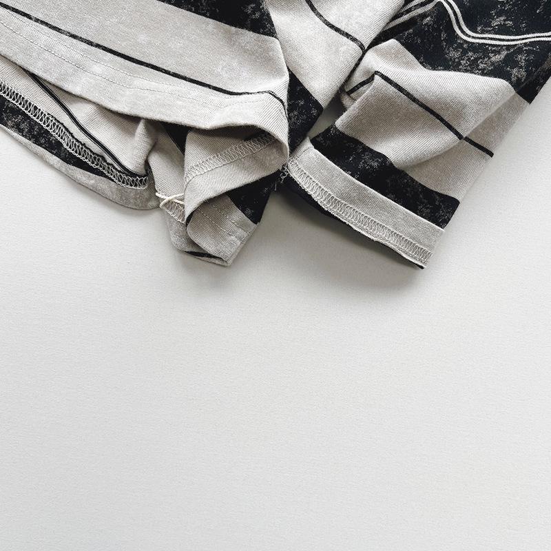 Tricou pentru copii cu dungi retro uzat - Unisex Stil coreean Primăvara 2025