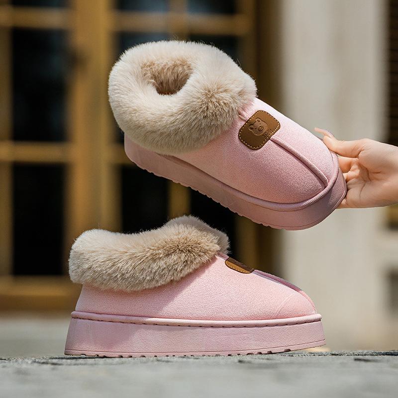 Heel cotton slippers, piled and thickened indoor home warmth in winter, plush cotton shoes