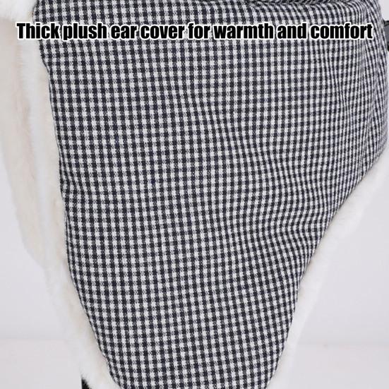 Lei Feng Hat Plaid Print Velvet Lining Buckle Closure Ear Protection Hat Windproof Cold Weather Outdoor Hat