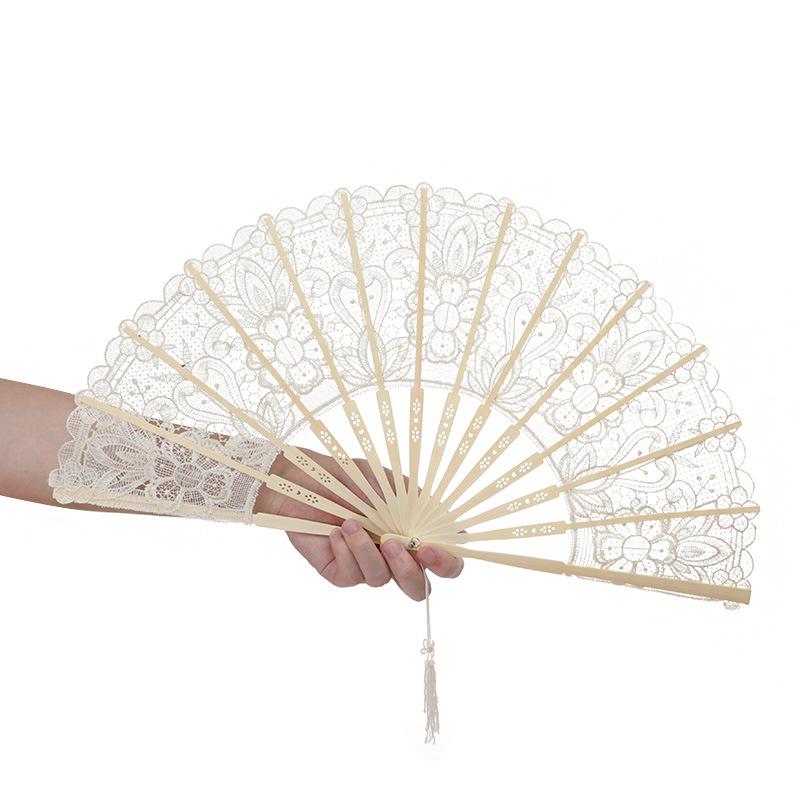 Lace Bamboo Hand Fan Romantic Embroidered Bamboo Fan Floral Lace Hand Fan Elegant For Weddings Summer Outings Cosplay