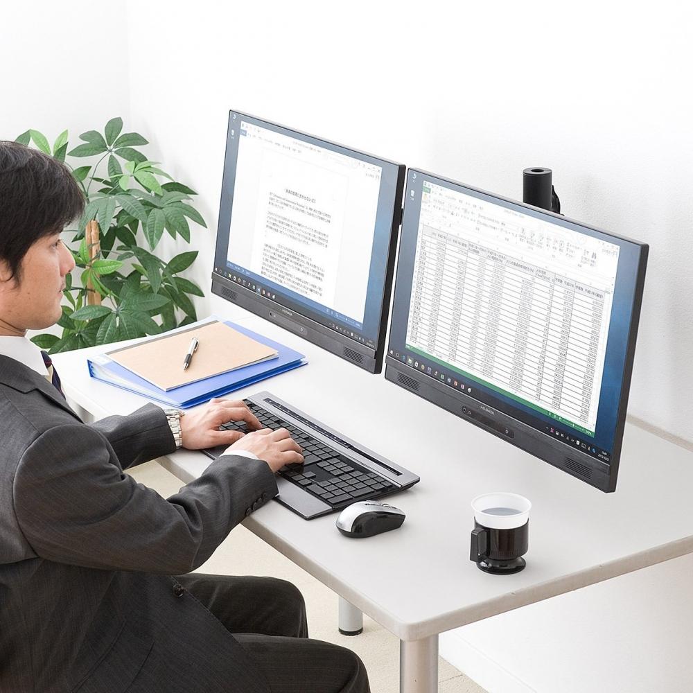 Braț monitor Sanwa Direct compatibil cu monitor dublu, 2 ecrane, 3 articulații, clemă fixă ​​100-LA030