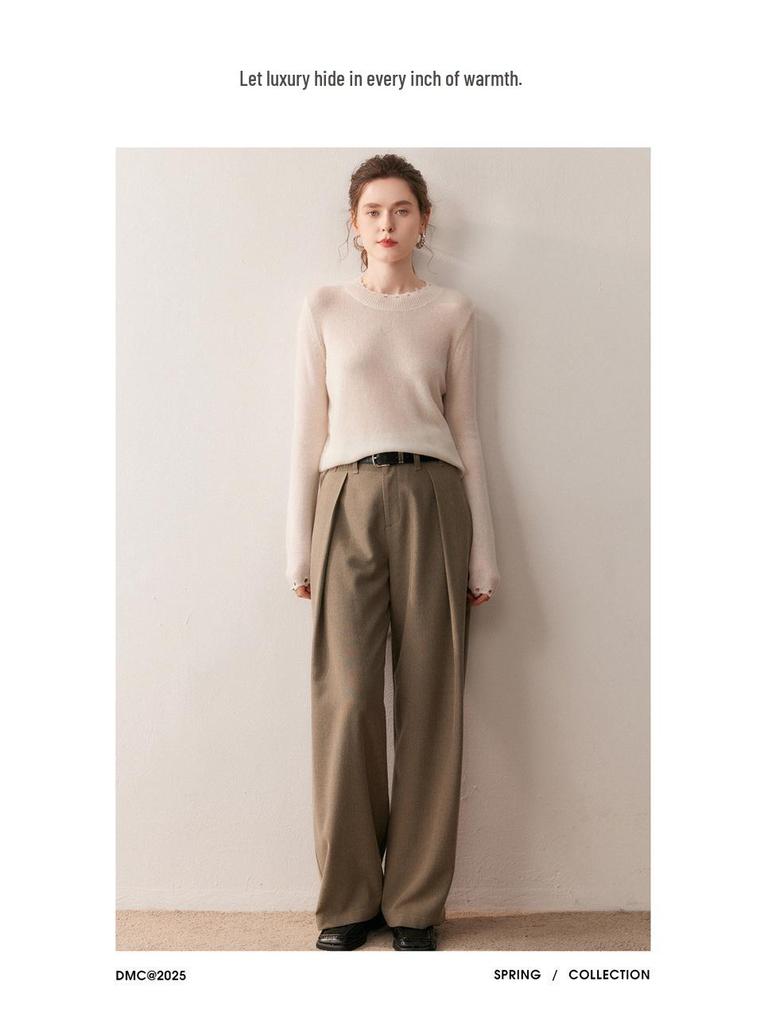 2025 Autumn/Winter Women's Distressed Round Neck Cashmere Sweater - Fashionable Loose Knitted Solid Color Long Sleeve Shirt