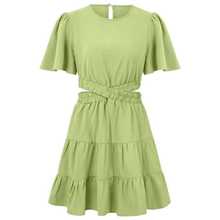 Women Summer Casual A-Line High Waist Short Sleeve Dress Solid Color O-Neck Above Knee Dresses Spring S-XL
