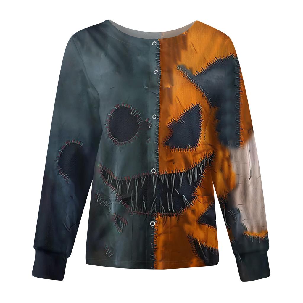 Women's Casual Fashion Long Sleeve Standing Collar Single Breasted Halloween Print Workwear Jacket Tops
