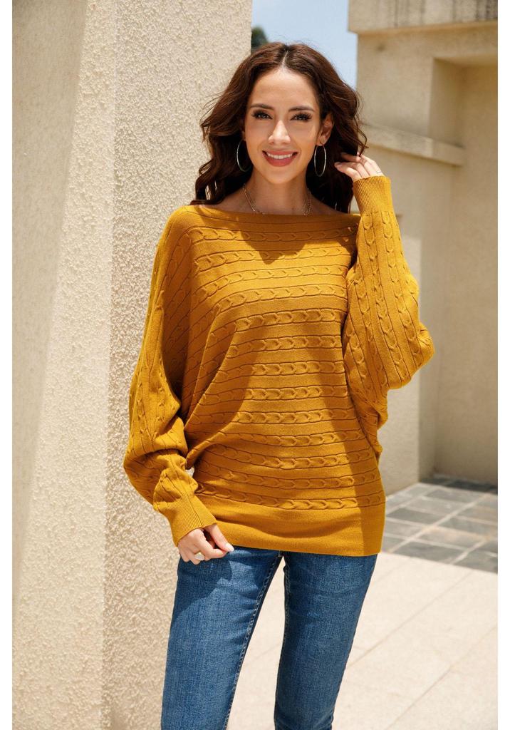 Autumn Winter Women's Plus Size One-Shoulder Cable Knit Batwing Sweater Pullover