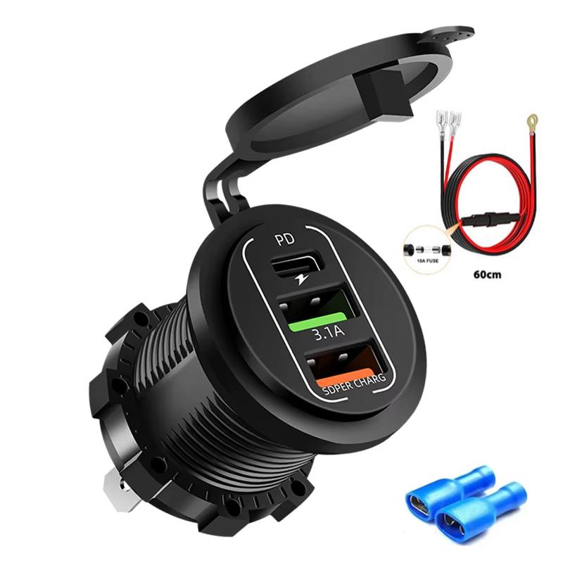 Universal 12-24V Motorcycle Car Charger Dual USB TYPE-C Charger Waterproof Power Socket Cigarette Light for Auto Truck ATV Boat