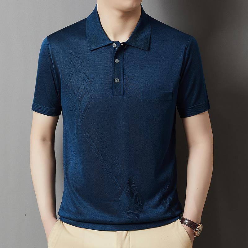 Ice Silk Short Sleeve T-Shirt Men'S Thin Solid Color Medium Casual Lapel Men'S Polo