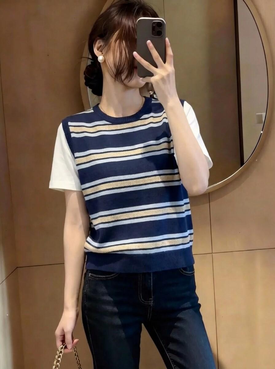 

2026 Summer Women s Trendy Faux Two-Piece Knit Patchwork Stripe T-shirt One Size (Fits 80-140 Jin)