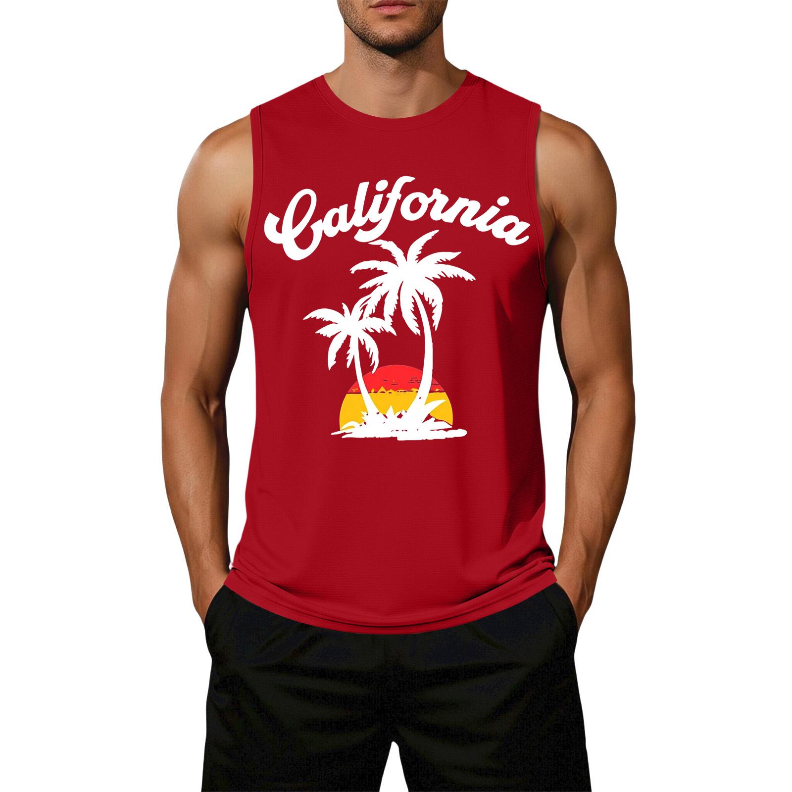 

Men Sleeveless Casual Tank Top Loose Fit Summer Beachwear Palm Tree Graphic Print Lightweight Cotton Blend Shirt S червоний