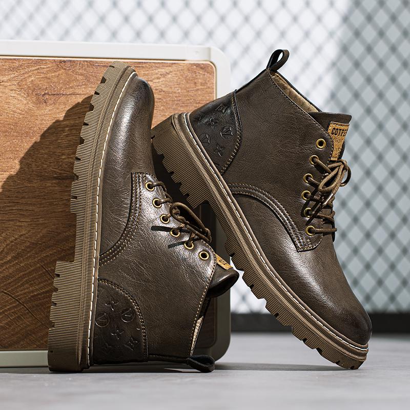 Fashion Round Toe Side Zipper Punk Boots British Style Mens High Top Shoes New Arrival Motorcycle Boots Simple Leather Ankle Boots Botas