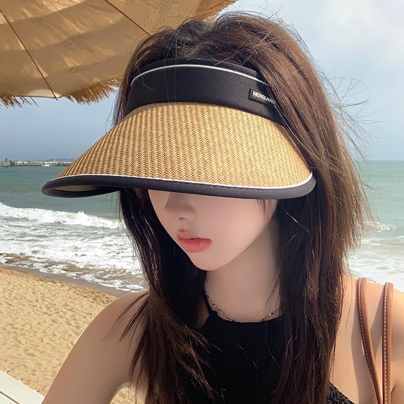 Women Straw Sun Visor Hat Wide Brim Summer UV Protection Beach Cap Foldable Packale Korean Style Kpop