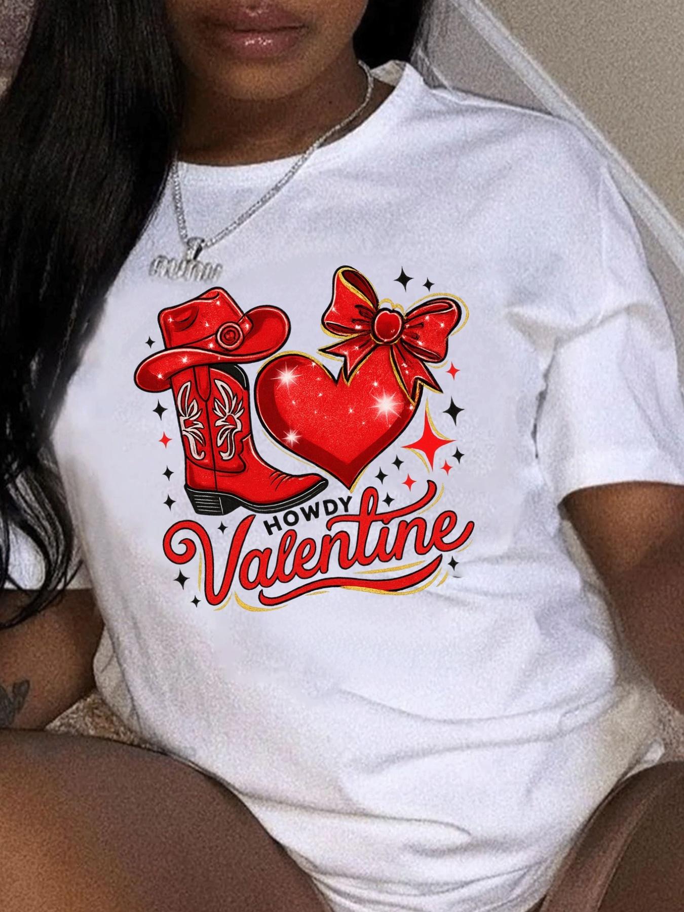 

European size - Women S Western Valentine S Day T-Shirt - Cowboy Boots Heart Print Short Sleeve Round Neck Top, Red Western Theme 4XL
