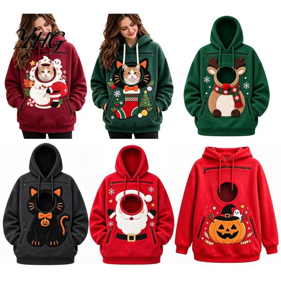 Festive Pet Carrier Clothing Unisex Pouch Christmas Hoodie, Cute Dog Cat Hooded Sweatshirt with Animal Carrying Hoodie Graphic, Cozy Fleece