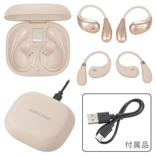 OHM AudioComm Bluetooth Wireless Earphones, Air Conduction, Ear-Hook Style, No Ear Blocking, Built-in Microphone, Beige | OHM Electric HP-W610N-U 03-3