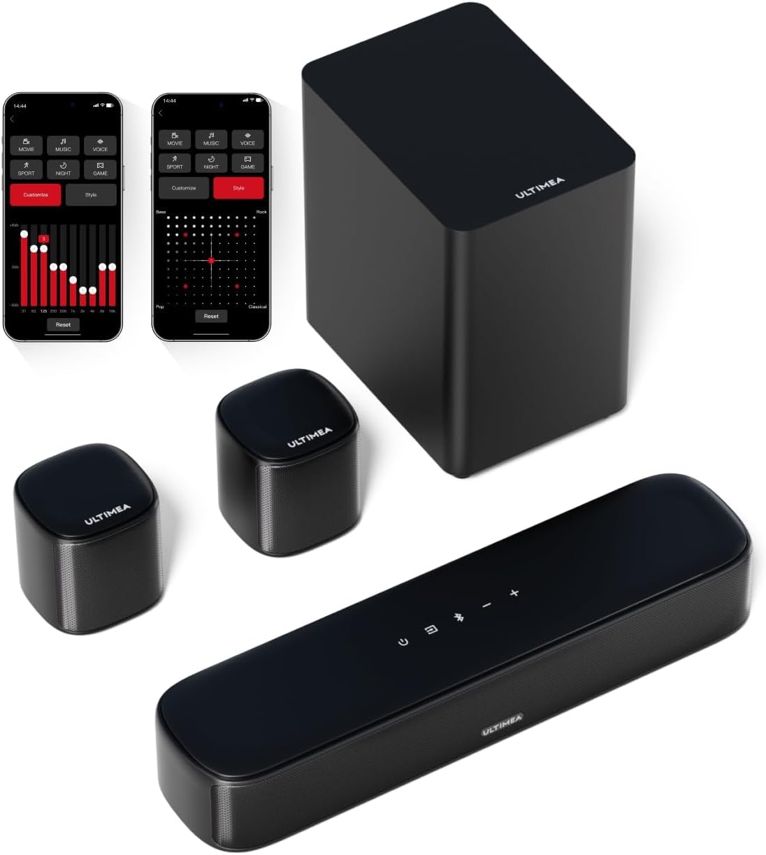 

Саундбар ULTIMEA Aura A30 для ТВ, Домашний кинотеатр, 5.1-канальная Bluetooth система виртуального объемного звука с управлением через приложение, Сабвуфер, Колонки окружающего звука, Пульт ДУ