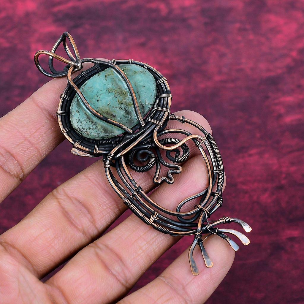 Amazonite Natural Gemstone Pendant Copper Wire Wrapped Pendant Handmade Jewelry